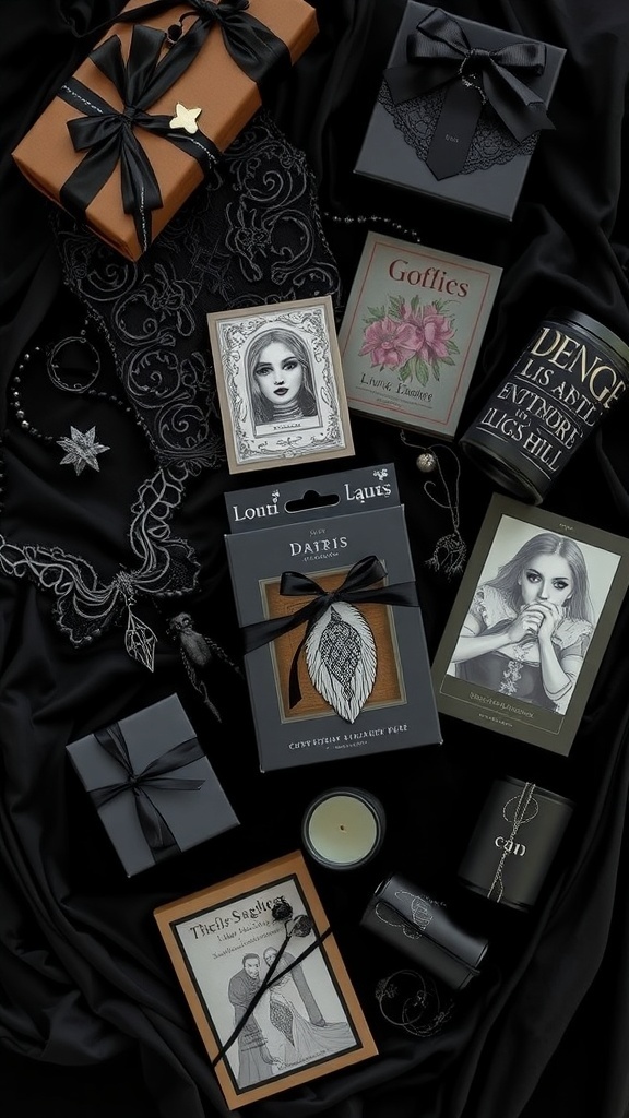 A gothic gift collection featuring dark clothing, jewelry, and candles on a velvet backdrop.